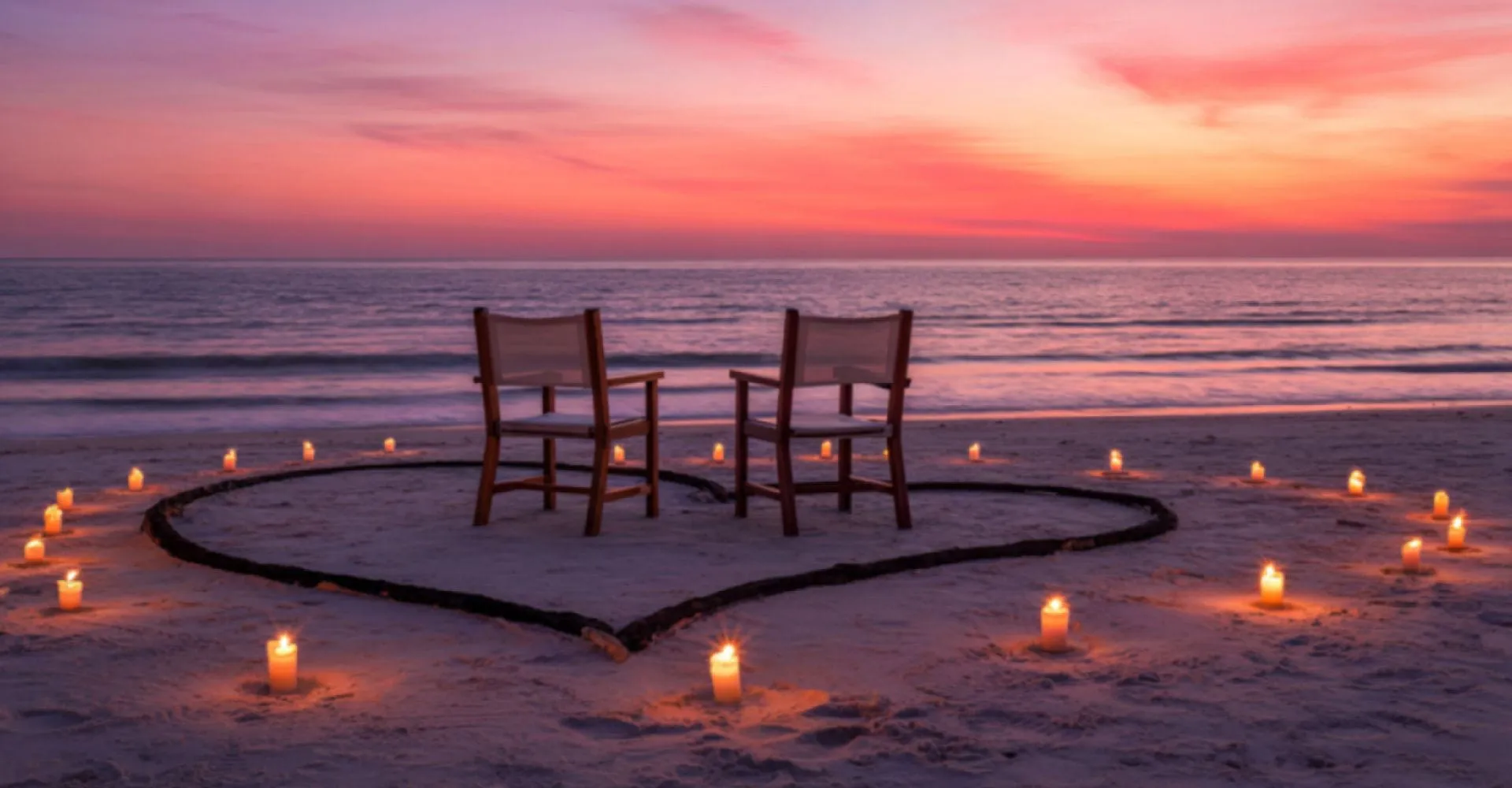 Two wooden chairs face each other on a beach at sunset. They're surrounded by lit candles arranged in a heart shape, creating a romantic atmosphere.