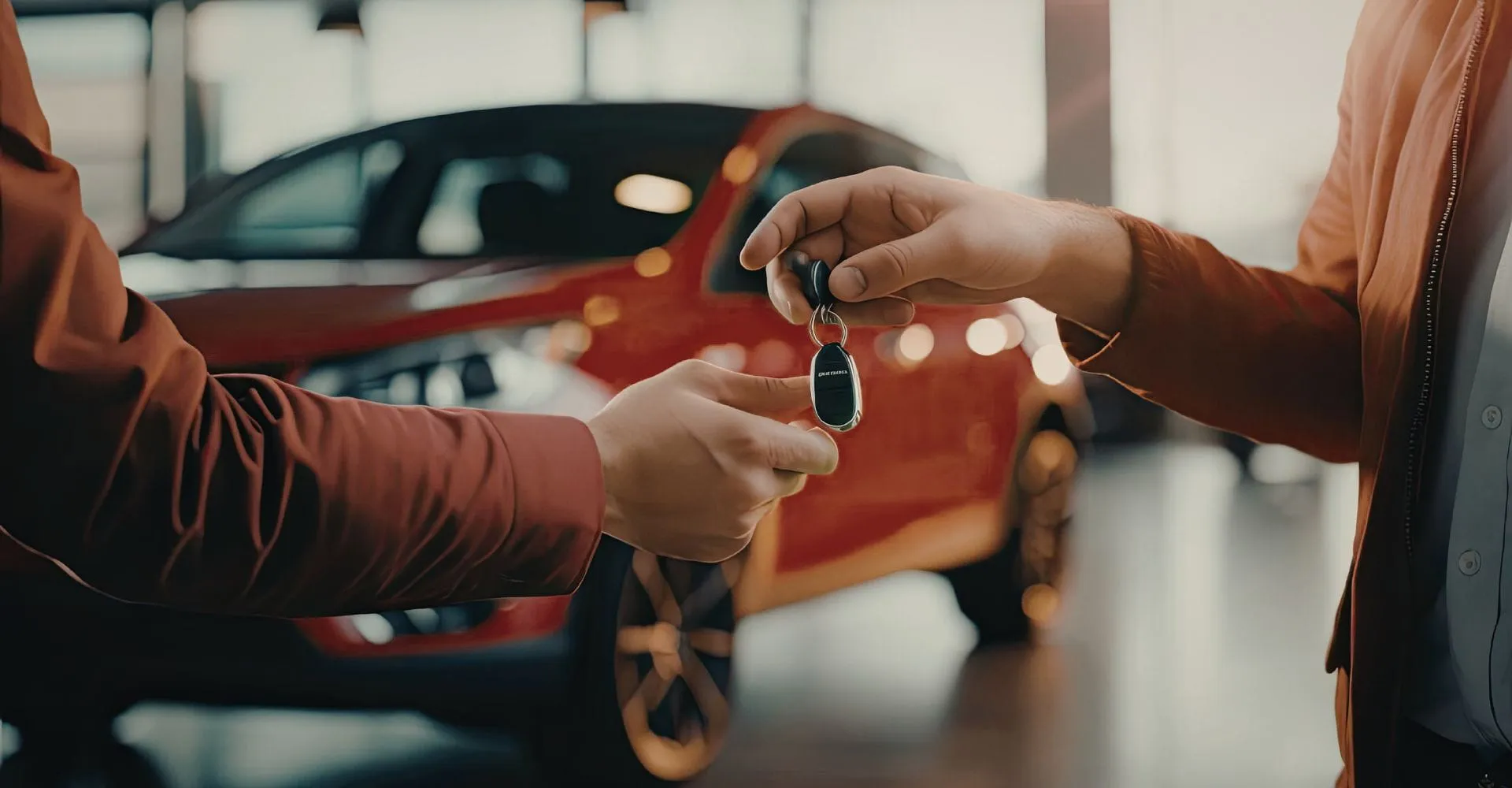 A person hands over car keys to another, with a red car visible in the background inside a bright showroom, conveying trust and transaction.