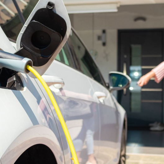 woman walking away from an electric car after plugging in the charger 