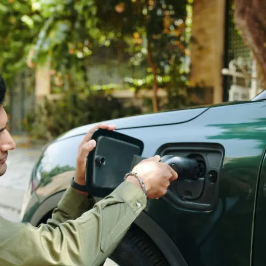 A man plugging in a green electric car preparing to charge it