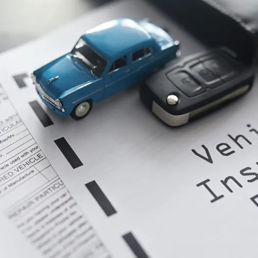 A toy blue car and a black car key rest on a vehicle insurance policy document, symbolizing auto coverage and protection.v